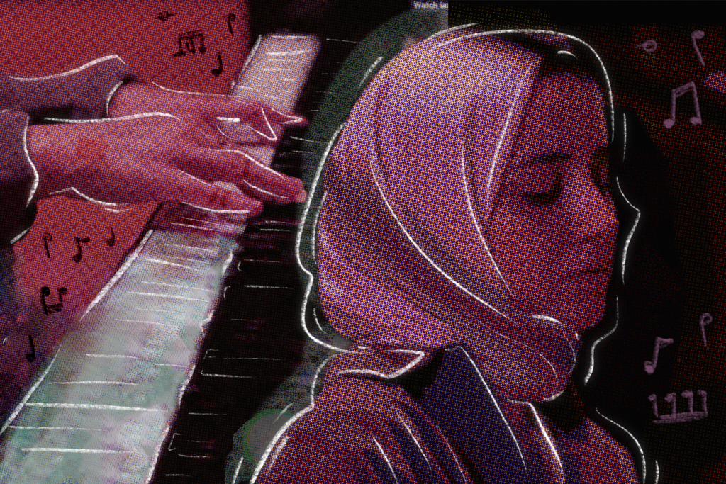 Büşra Kayıkçı with pink lighting over her face and hands that are playing the piano.
